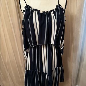 Central Park West Navy and White Ruffle Top